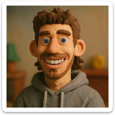 20 year old man, short scruffy beard and thin moustache, brown puffy mullet, blue eyes, big smile, white teeth, big lips, pronounced jaw, hair longer in back, sticking up on top, thin face, grey hooded sweatshirt, blue eyes sticker