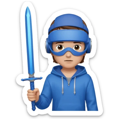 a boy with brown hair, a blue vr headset. a blue hoodie and a blue sword sticker