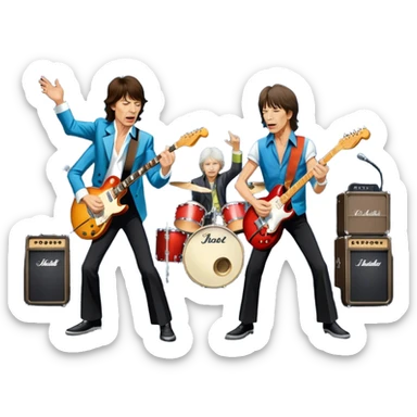 Icon for Rock Music: The Rolling Stones live on stage with Mick Jagger performing vocals, Keith Richards playing guitar, and Charlie Watts on drums. Iconic stage lights, electric guitars, and energetic crowd. Transparent background. sticker