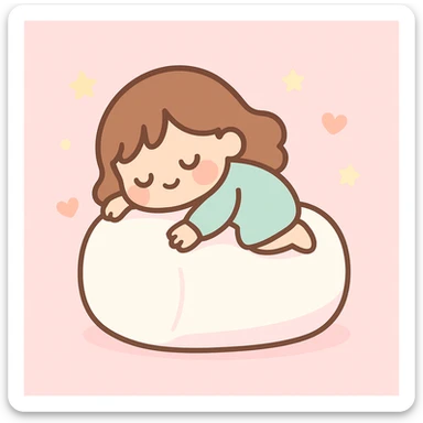 brunette girls sleeping on a giant marshmallow, dreamy, soft, pastel colors, cute illustration, gentle and whimsical style sticker