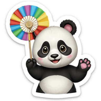 A panda waving a painted fan joyfully, cheeks puffed in excitement.
 sticker