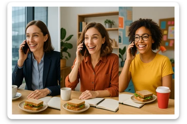 Three women in different office settings, each on the phone, communicating with each other during lunch break, diverse workspaces, friendly and professional mood, modern work environments, lively and social expressions. sticker