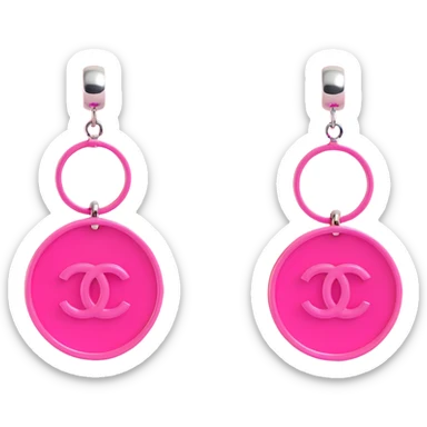 Remove any pearl elements, keep as glossy pink 3D emoji-style hoop earrings with dangling silver Chanel logos, luxurious, with no background. sticker