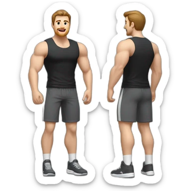 Full height Actively gesturing with hands Pale skinned fit man With the biceps and brown hair In dark gray sleeveless mike, black oversize sports shorts, watch and white sneakers sticker