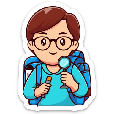 Cheerful woman hiker in her late 30s with glasses, backpack, and one magnifying glass in her right hand sticker