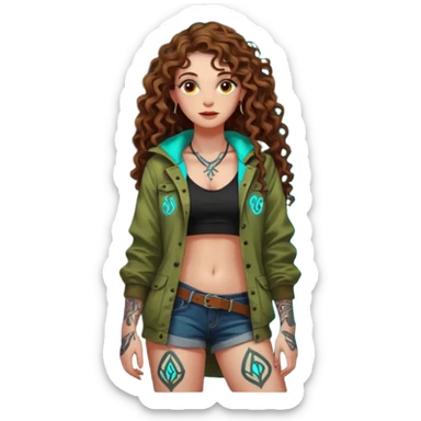 full body view of a woman with long curly brown hair, brown eyes, white skin, tattoos, leaning against a tree covered in neon runes, open forest jacket, flirty confident stance sticker
