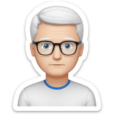 Thin white man, short white hair, black thin square glasses, white shirt, blue eyes, ceo - no tie - arms folded- stood right sticker