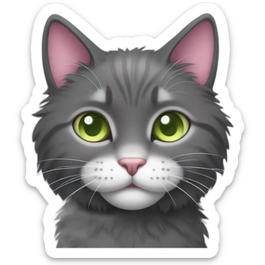 fluffy dark grey cat, short fur, pink ears, small ears, pink nose, light green eyes, white long whiskers, white spots near the nose, white breast, the cat's fur is soft. sticker