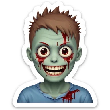 zombie boy with brown short spiky hair, white skin, and white eyes; an open smile, and bloodied teeth; sticker