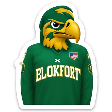 the state university of new york college at brockport's mascot Ellsworth the golden eagle, green beak, green jersey, yellow lettering with "brockport" written on front, in front of a christmas tree sticker