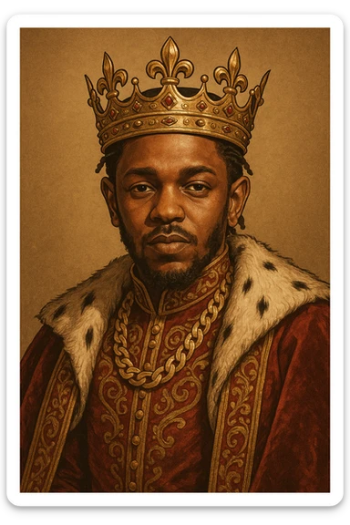 Kendrick Lamar depicted as a king, wearing a crown and regal attire, confident expression, modern hip-hop vibe, detailed illustration sticker