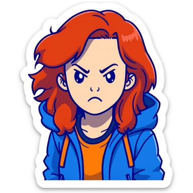Redhead girl with long hair in blue jacket looking angry sticker
