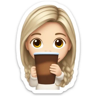 white girl with brown long hair and a hot chocolate sticker