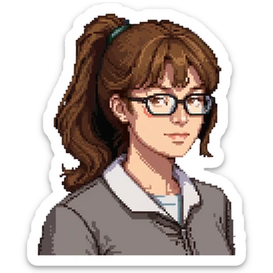 middle-aged science teacher, light brown hair in ponytail with bangs, brown eyes, wearing glasses sticker