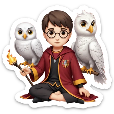 harry potter in gryfinndor uniforn sitting on firebollt hedwig sitting on hand sticker