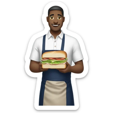 Male man worker with white shirt and navy apron with khakis and hat holding a sandwhich sticker
