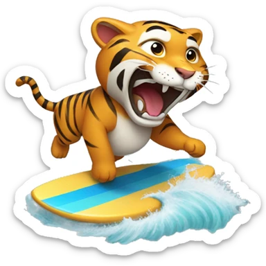 a tiger laughing on a surf board sticker