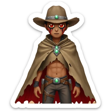 A rugged alien outlaw cowboy with scars and glowing red eyes, torn futuristic poncho, standing in a deserted alien town, dust blowing through empty streets, moody shadows, gritty sci-fi western realism
 sticker