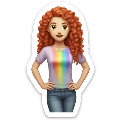 white girl with long red curly hair, wearing a pastel rainbow shirt doing a pose sticker