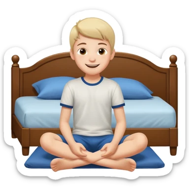 emoji- of a smiley boy sitting on the bed with legs on the floor sticker