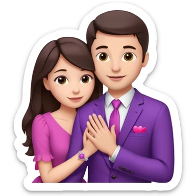 Brunette girl, with an engagement ring on her finger hugging a handsome man, (her boyfriend) both of them happy, she’s wearing a pink dress, he is wearing a suit, he’s also a rich businessman, and there is the 💜 purple heart emoji on top. They look in love with each other sticker