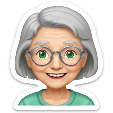 Grandma with grey hair, grey hair, green eyes, glasses smiling with no teeth sticker