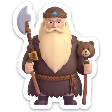 Russian pagan warrior with bear fur, battle axe, Slavic sun symbol amulet, long braided beard sticker