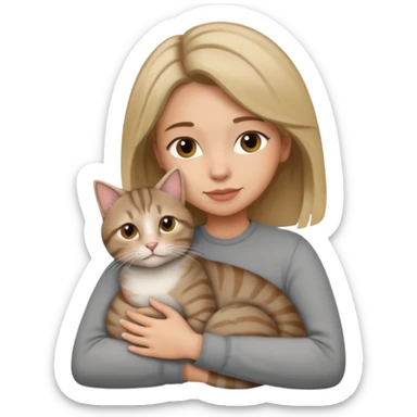 Une femme avec les cheveux dégradée, brun clair et blond, qui fait un câlin à son chat gris, tigré  sticker