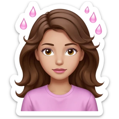 girl with wavy long brown hair, brown eyes, light to medium complexion, long lashes, light pink lipstick, wearing light pink shirt, sweat drops on the forehead sticker