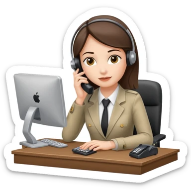 female phone support agent, at desk with computer and phone sticker