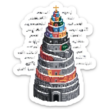 Tower of Babel with multiple languages written around it sticker