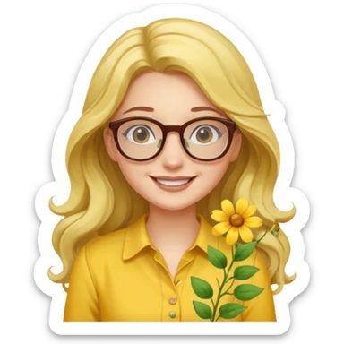 girl with a yellow blouse with flowers, with hair long hair in waves with glasses smiling sticker