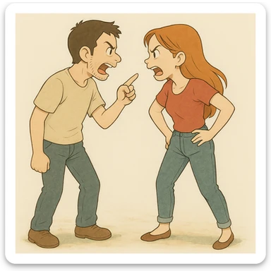this image in ghibli style, showing the full bodies of the man and woman arguing sticker