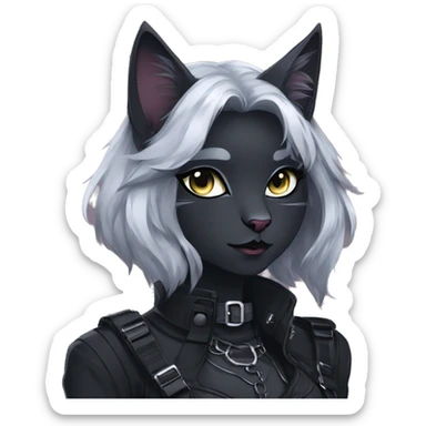 Gorgeous gothic dark techwear anime style anthro cat with blushing face aesthetic and pretty edgy black with collar and harness trending style sticker