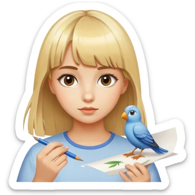 girl with blonde bangs paints a bird on sheet of paper sticker