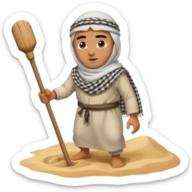 arab with stick looking for oil by banging stick in the sand sticker