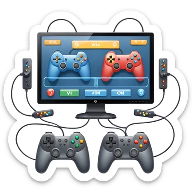 An icon showing two monitors with gaming interfaces, connected by a wire. Each monitor displays a different game screen, with two gamepads placed nearby, symbolizing multiplayer gameplay. transparent background. sticker