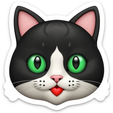 Emoji de un gato blanco y negro con ojos verdes, mandando un beso de corazón  sticker