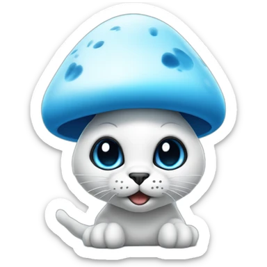 Blue smurf cat with large black eyes wearing a large white mushroom on his head casting a show on his face with a neutral face sticker