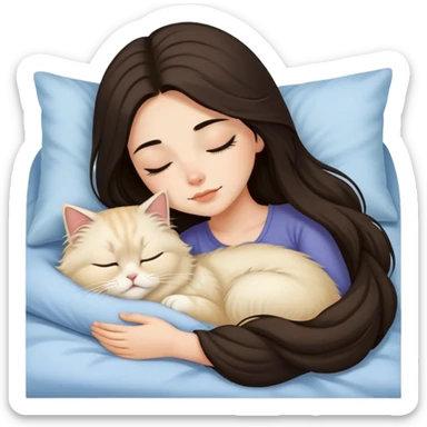 pretty girl with dark long hair sleeping with blonde fluffy  persian cat in bed sticker