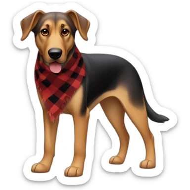 adult 75% Coonhound 25% German Shepherd mix dog with visible tail wearing small pointed red buffalo plaid bandana full body walking left quickly sticker
