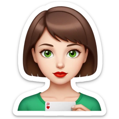 Cute girl, brown short hair, green eyes, playful face, red lips. She holds a card as for mugshot  sticker
