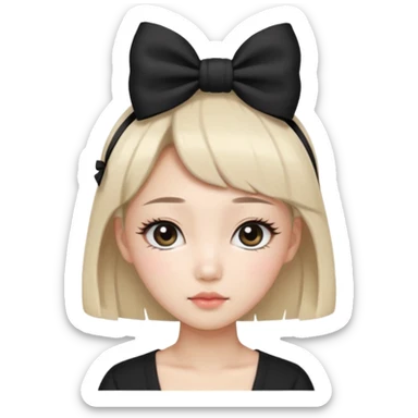 Korean woman with black cute  cut with a black top and a bow on her head with long lashes sticker