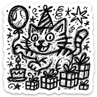 Add more gifts around the kitten, keeping the chaotic outlined style and all original elements intact sticker