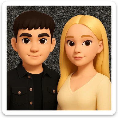 Slightly increase the volume of the upper body of the girl, separate the girl and the boy from each other, make the skin color the same for both characters, while preserving the cartoonish 3D style as in the reference image. sticker