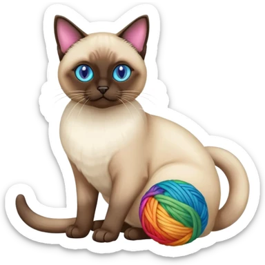 Siamese cat sitting full body with rainbow eyes playing with a wool ball sticker