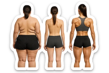 fai una donna di spalle in gym shorts leggermente sovrappeso e con cellulite e accanto una seconda donna di spalle magra (che è dimagrita post dieta) e accanto una terza donna in forma allenata e con le giuste proporzioni, l'immagine deve rappresentare il processo: da donna grassa, a donna piatta e magra, a donna allenata e in forma con i giusti muscoli, iperrealistico 4k sticker