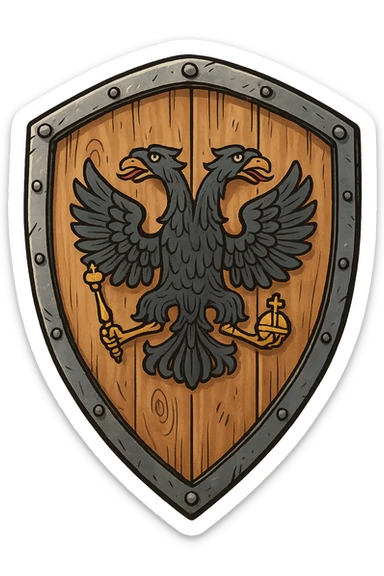 Деревянный щит 15 века с двуглавным российским орлом, рисованный стиль, немного мультящности, прозрачный фон sticker