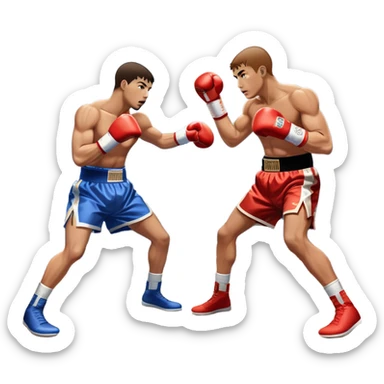Two professional boxers in the ring, fighting for the world champion title. One delivers a long punch to the head, while the other skillfully dodges. The background features a crowded arena with bright lights and intense action. Transparent background sticker
