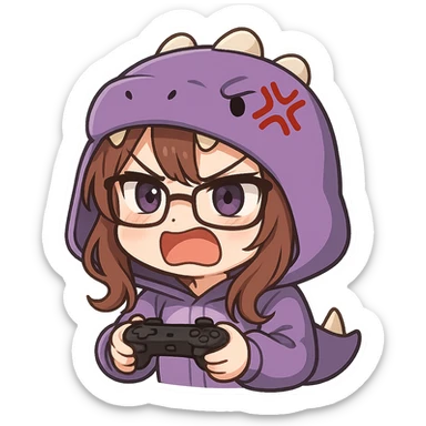 chibi anime style gamer girl with glasses, brown hair, dark purple eyes, wearing a purple dinosaur costume, rage emote, no controller sticker